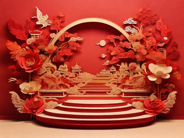 Podium round stage podium and paper art Chinese new yearChinese Festivals Mid Autumn Festival