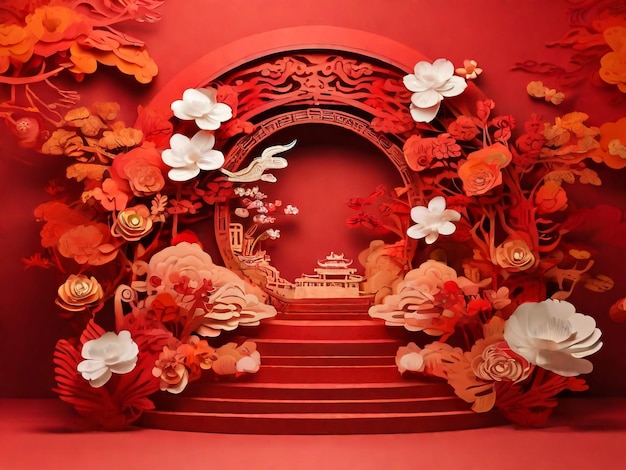 Podium round stage podium and paper art Chinese new yearChinese Festivals Mid Autumn Festival