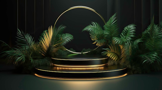 Podium for sale product promo 3d render tropical balck green and gold