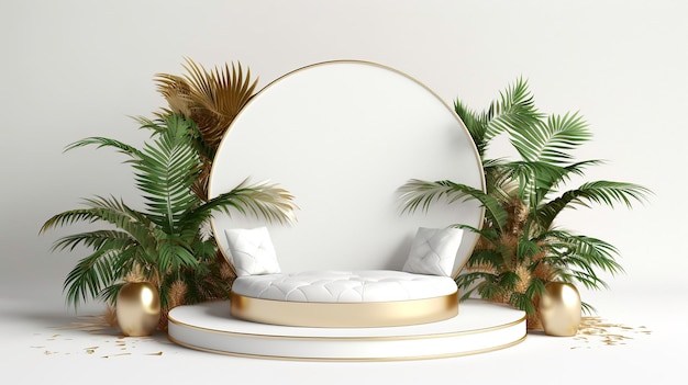 Podium for sale product promo 3d render tropical white green and gold