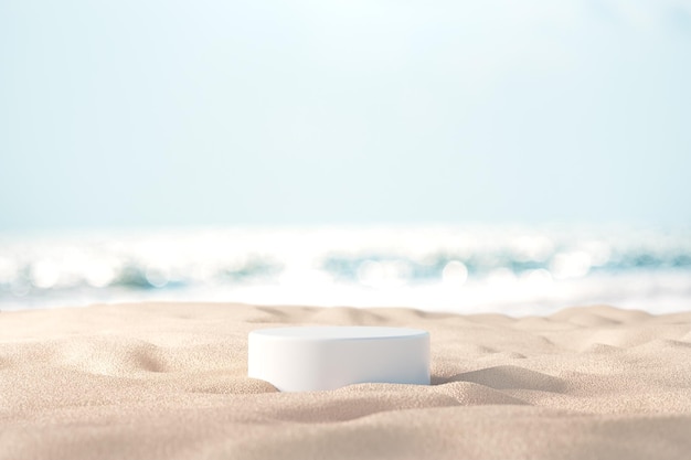 Podium on sand beach on sea background.