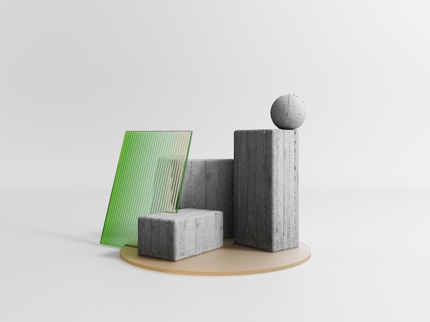 Podium showcase with color glass made of stone and cement 3d render Brutalist style stand