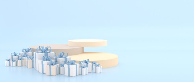 Podium, or Showcase with gift boxs and pastel blue background.3D Rendering