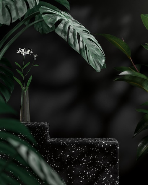 Podium stage stand on tropical tress black background for product placement 3d render