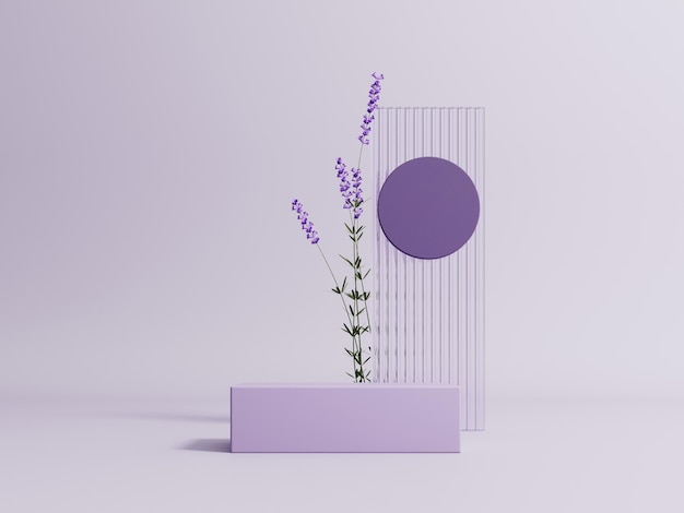 Podium stand display with lavender flowers on pastel purple background Showcase 3d render