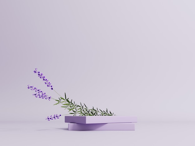 Podium stand display with lavender flowers on pastel purple background Showcase 3d render