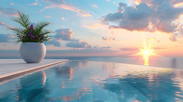 Podium stand in luxury swimming pool water with sea and sunset view