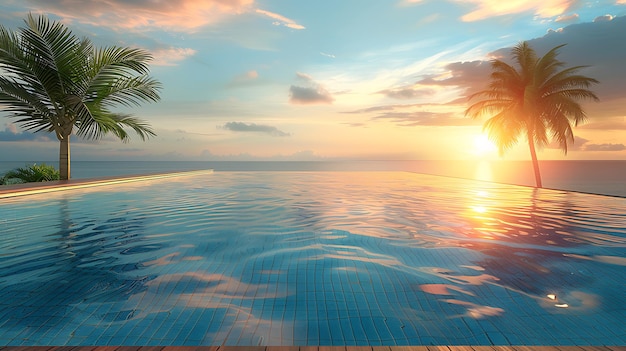 Podium stand in luxury swimming pool water with sea and sunset view