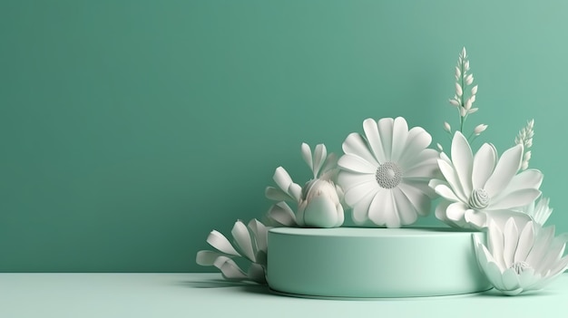 Podium stand showcase on pastel light background and flowers Generative Ai