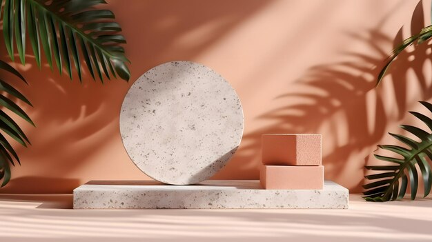 Photo podium stand with terrazzo and stone on pastel wall background with shadow of tropical palm leaves showcase for cosmetic products and goods shoes bags watches ai generated