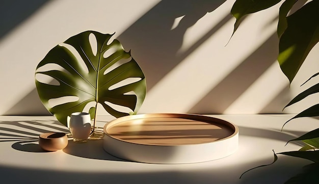 Podium template with foliage drop shadow for product Beauty mockup with empty tray presentation Generative AI