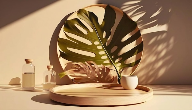 Podium template with foliage drop shadow for product Beauty mockup with empty tray presentation Generative AI