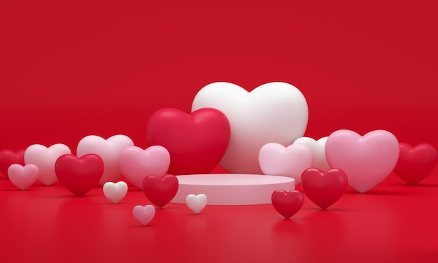 Podium of ValentineÃÂ´s day full of hearts on red studio background. Empty pedestals platform. 3d rendering.