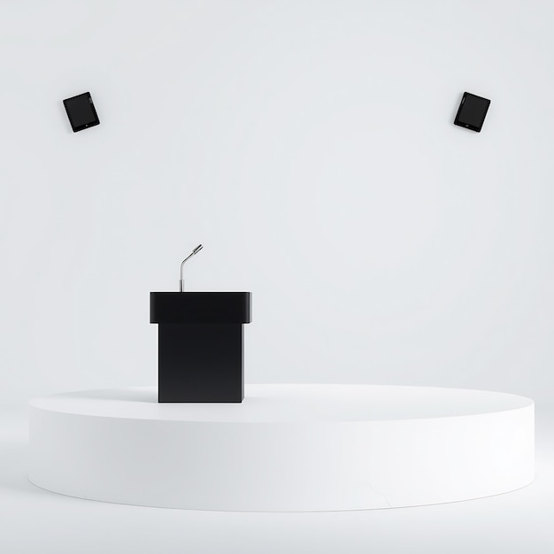 Photo podium on white platform with two speakers