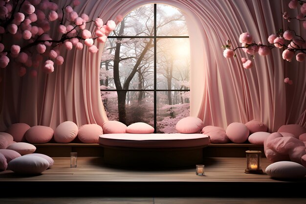 Podium and window in the room decorated with flowers 3d rendering