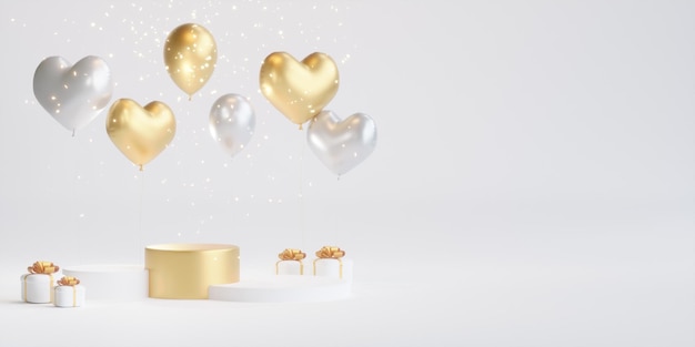 Podium with balloons in the shape of heart 3d illustration