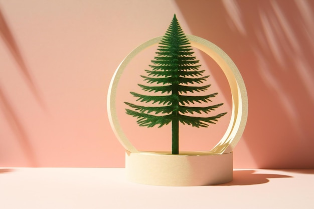 Podium with christmas tree on pink background