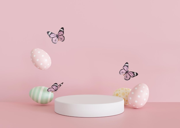 Podium with Easter eggs butterflies and copy space Modern stage for product cosmetic presentation Easter mock up Pedestal platform for beauty products Empty scene Display showcase 3D render