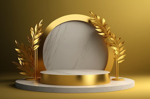 A podium with a gold award and laurel wreath on it.