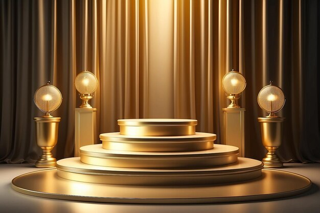 Podium with golden light lamps background