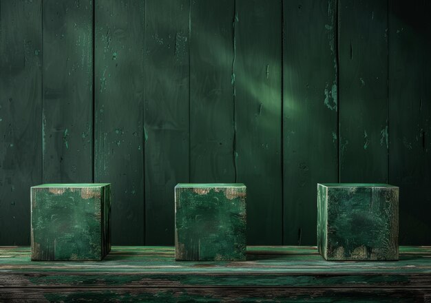 A podium with green wood planks is shown with a dark background on a wooden table