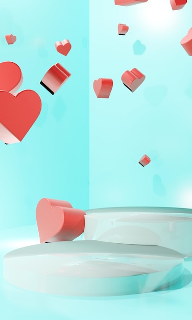 Podium with hearts with valentine theme. 3d illustration.