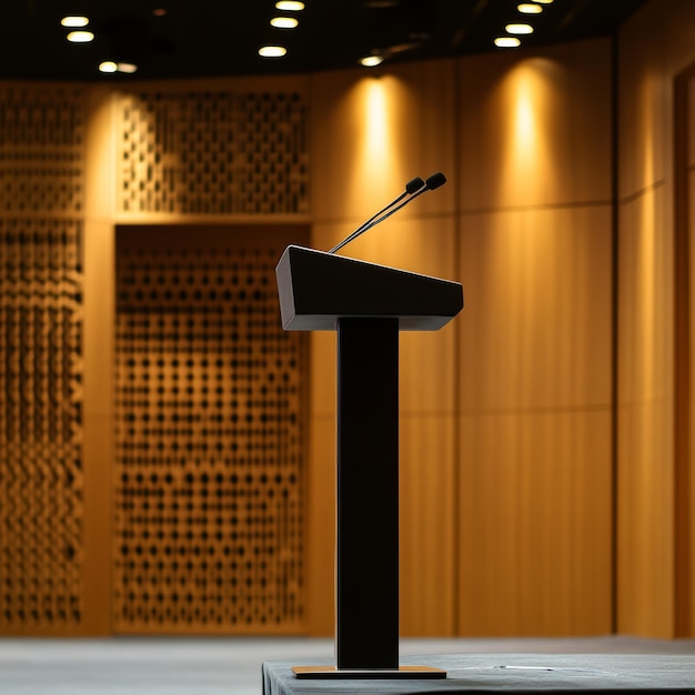 a podium with a microphone on top of it that saysthe word  on it