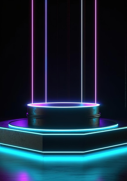 A podium with neon lights and a podium with a blue and pink light.