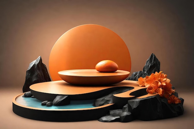 Podium with orange and black colored rock composition product presentation