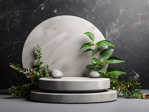 Podium with plants on gray background generative AI