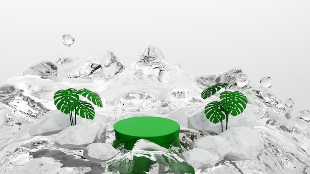 Podium with pure water splash fountain waterfall and tree for cosmetics beauty product 3D render