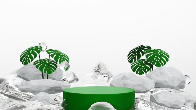 Podium with pure water splash fountain waterfall and tree for cosmetics beauty product 3D render