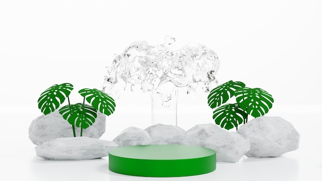 Podium with pure water splash fountain waterfall and tree for cosmetics or beauty product show 3D rendering