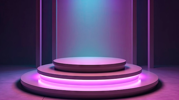 A podium with purple lights and a white wall with a purple background.