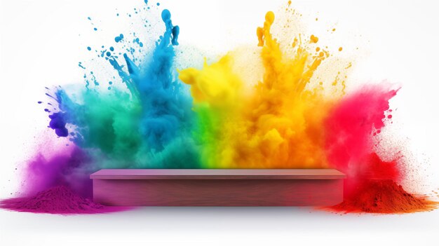 Podium with rainbow color powder chalk explosion in the back Isolated on white background