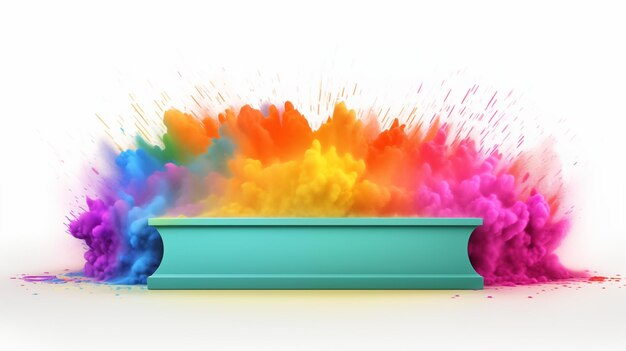 Podium with rainbow color powder chalk explosion in the back Isolated on white background