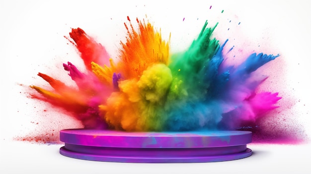 Podium with rainbow color powder chalk explosion in the back Isolated on white background