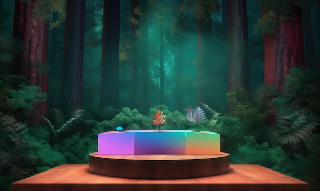 A podium with a rainbow on it in front of a forest.