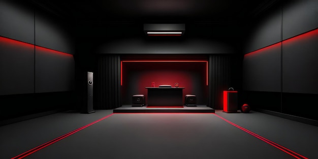 a podium with red lights in a dark room