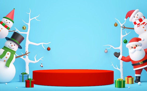 Podium with Santa Claus and Snowman on a blue background, 3d rendering