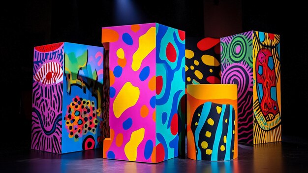 Photo podium with a vibrant colorful design featuring bold patterns and artistic elements