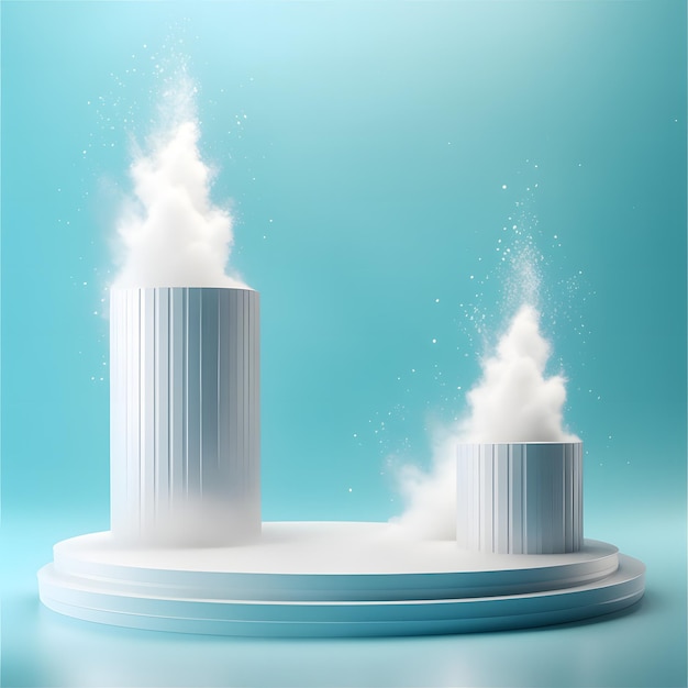 Podium with white smoke on blue background