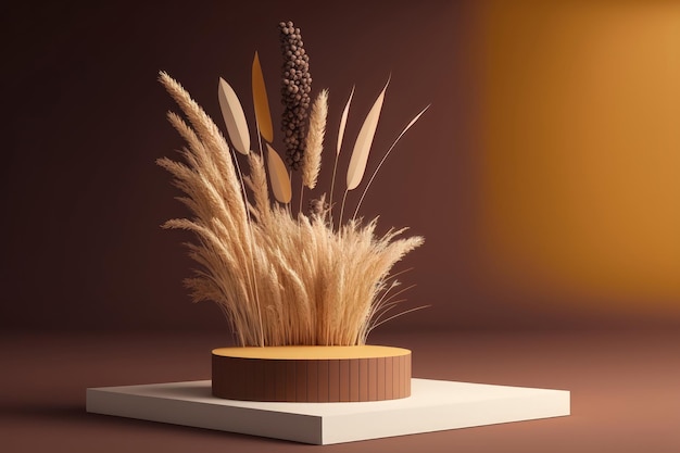 Podium wood display on beige background and dry plant AI generation