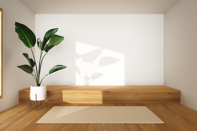 Podium Wooden product display podium with nature leaves on white background. 3D rendering