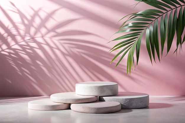 Photo podiums made of stones on a gray table against a pink wall with a shadow from the leaves of a palm tree showcase for product promotion beauty natural eco cosmetic