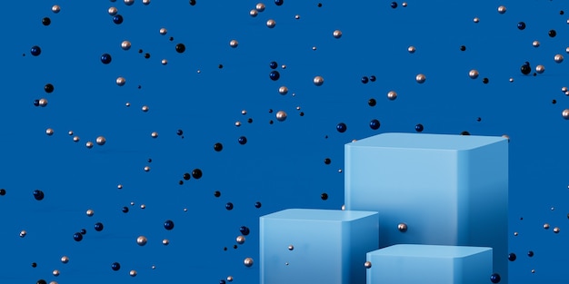 Podiums or pedestals for products display or advertising with shiny spheres on blue background, 3d minimal render