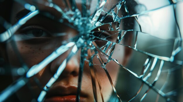 A poignant gaze through a shattered pane expressing a complex emotional story