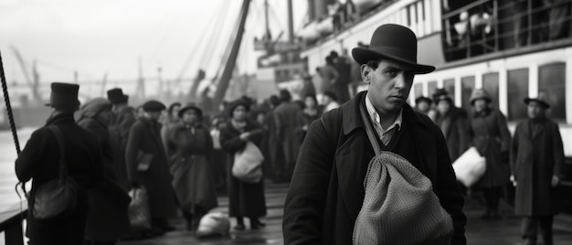 A poignant moment in history a man with a bag stands foregrounded against a busy backdrop of emigrants and a ship