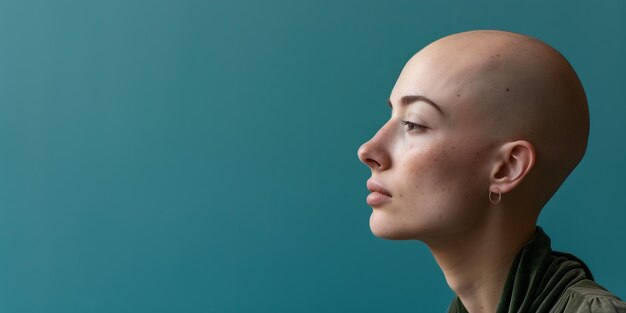 Photo poignant side profile of a young bald woman in thought