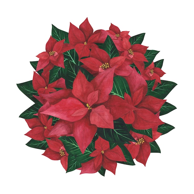 Poinsettia Christmas decoration ball isolated on white background Watercolor hand drawn Xmas illustration Art design